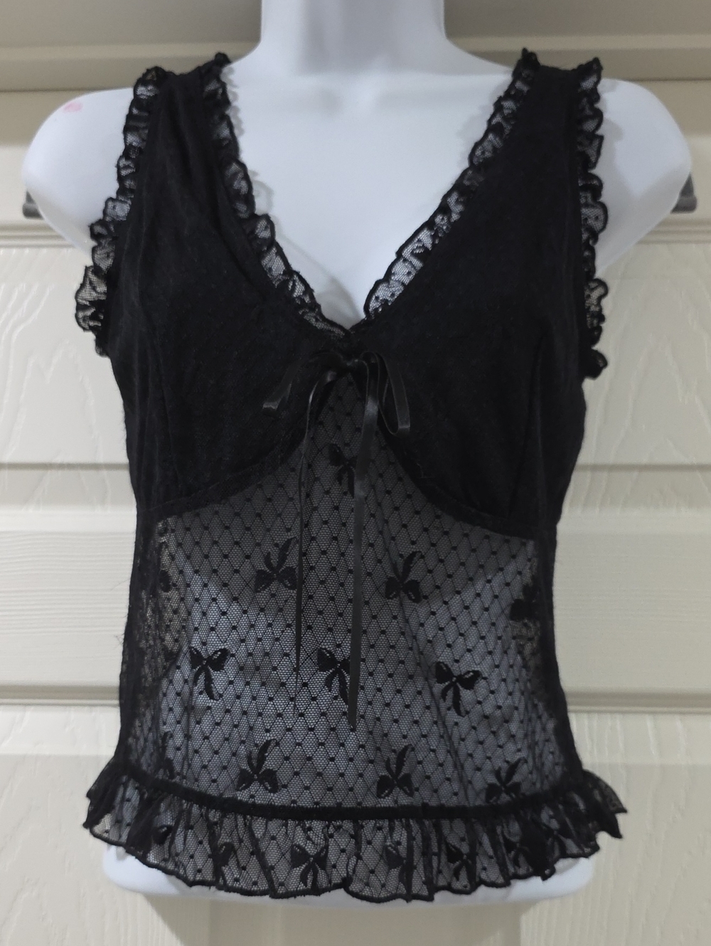 Sheer Black Lace Mesh Chemise Top with Bow Tie